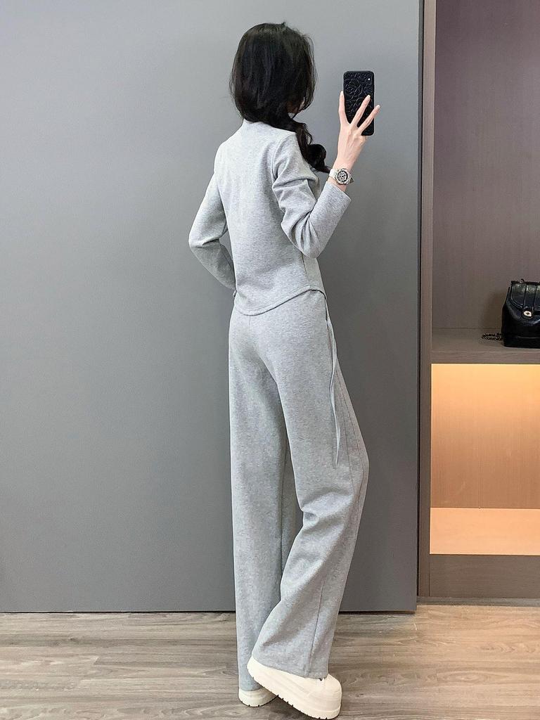 Women's Autumn Casual Sports Set: Slimming Black Long Sleeve Top & Wide Leg Pants