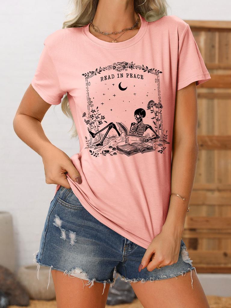 Summer new crewneck Womens casual Tshirt read in peace skull print loose shortsleeved fashion top with all the trend pullove