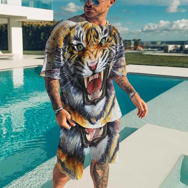 Men Cool Lion Tiger T-shirt Set 3D Animal  Print Casual Style T-shirt Shorts Set Summer New Fashion Street Clothing High-quality