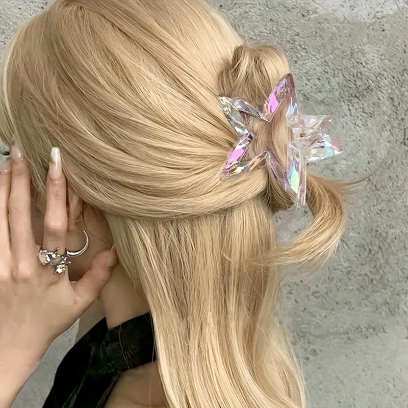 3Pcs Simple Transparent Hairpin Sweet Temperament Girls Hairpin Hair Accessories Colorful Hollow Five Pointed Star Shark Clip