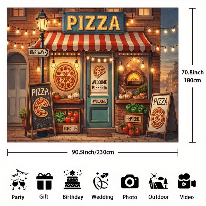 2D Vintage Pizza Shop Backdrop Pizzeria Street View Photography Background Banner