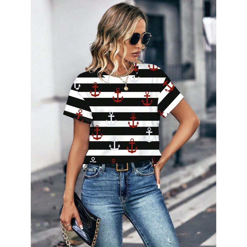 Summer Round Neck 3D Anchor Pattern Stripe Print Top Fashionable Casual Short Sleeved Women's T-shirts