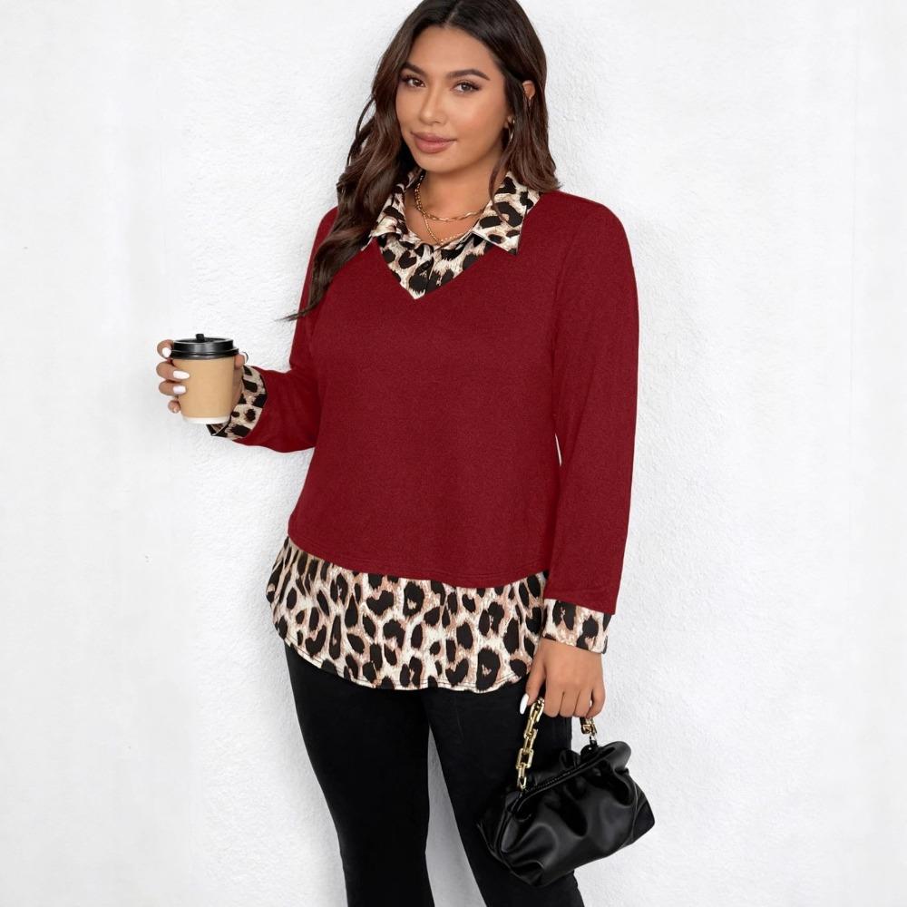 Hot Girl Leopard Print Patchwork Lapel Long-sleeved T-shirt for Women's Spring New Fitted Base Layer