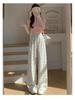 Petite 150 Women's Floral Wide-Leg White-Gray Sweatpants: Casual Spring/Summer American Style 145cm