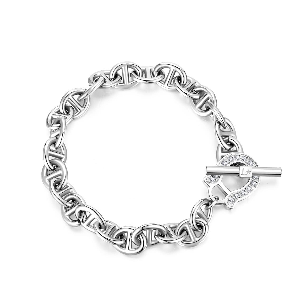 [Lucliss] Horseshoe Anchor Chain Bracelet, Zirconia, Surgical Stainless Steel 316L, Silver