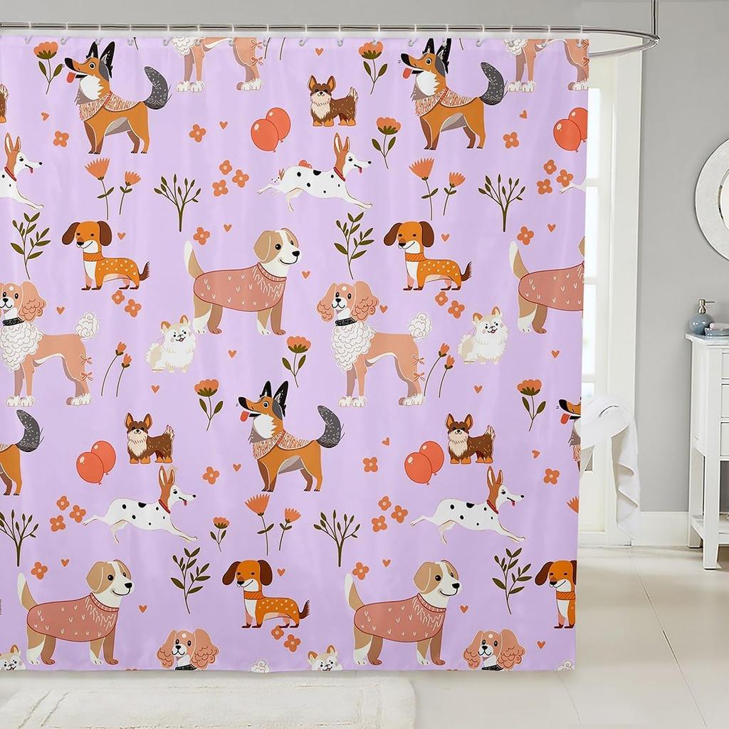Cartoon Husky Shower Curtains,Cute Dog Animal Kawaii Family Puppy Pet Bath Curtain,Boho Floral Leaves White Waterproof Fabric