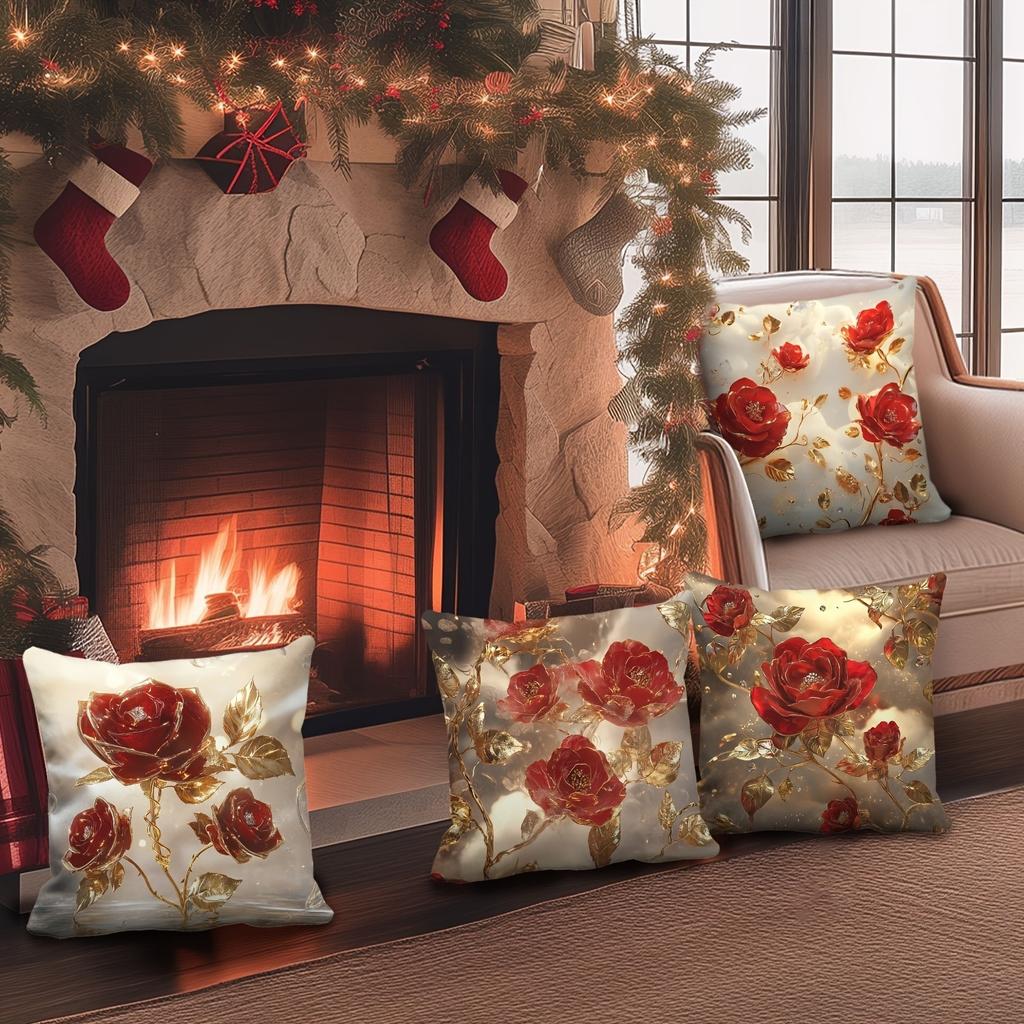 Red Rose & Gold Accent Pillowcase: Shimmering Festive Pattern Cushion Cover For Luxe Holiday Home Sofa Decor