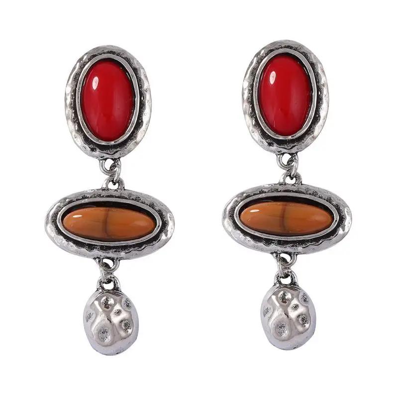 Vintage Texturierte Bunte Ellipse Mehrschichtige Hängeohrringe Für Frauen Modeschmuck Feiertagsparty Geschenke