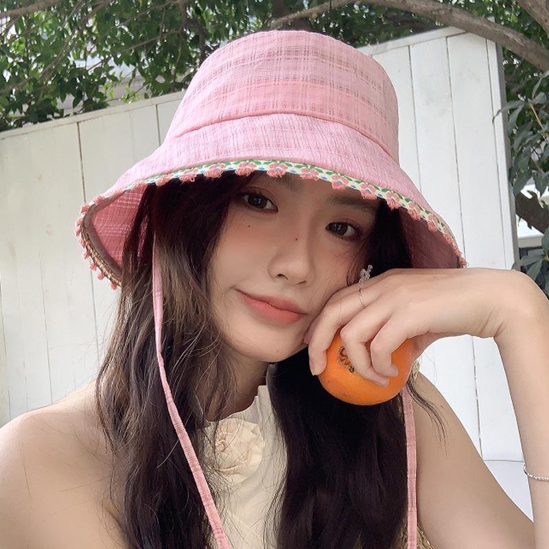 Sweet and cute lace blue bucket hat women's spring summer sunshade sunscreen basin hat outdoor big brim climbing hat tide