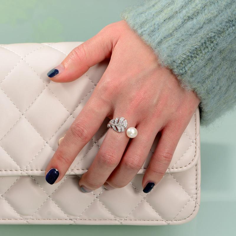 Gica Gema 100% 925 Sterling Silver Sparkling High Carbon Diamond Feather 8mm Pearl Rings For Women Engagement Party Fine Jewelry