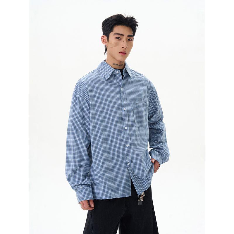Kisko American Retro Casual Loose Blue Plaid Long-Sleeved Shirt for Men and Women Spring Simple Basic Shirt Jacket