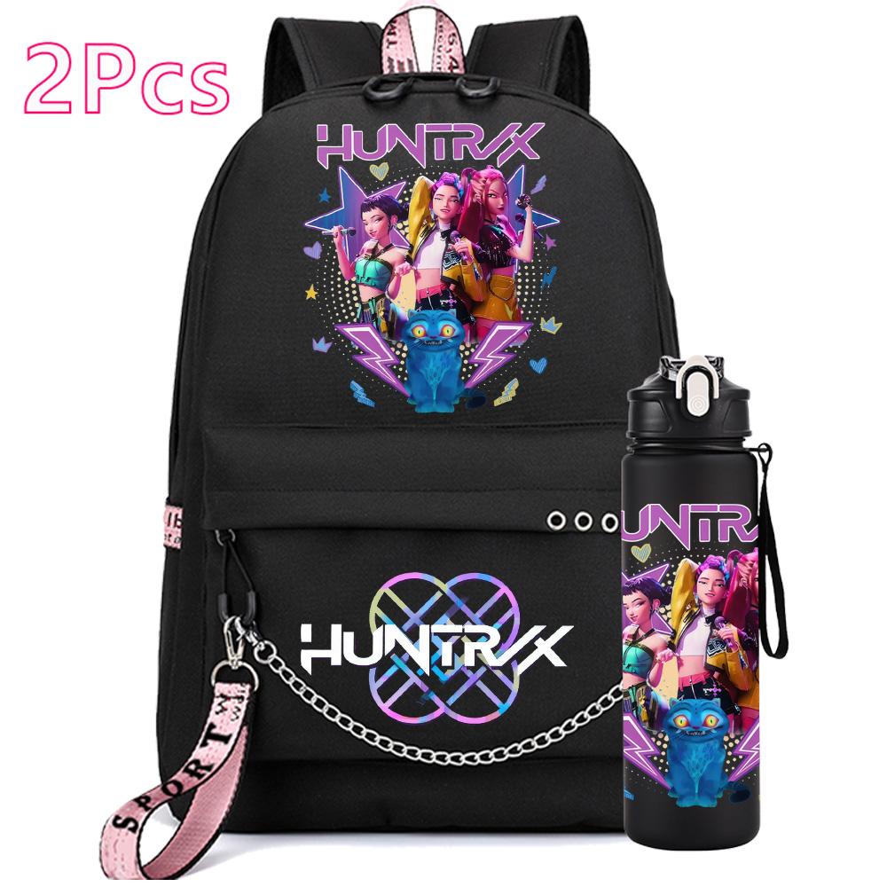 2Pcs/set Anime Cute Kpop Printed Backpack with 750Ml Water Bottler for Teenager Girl Boy Bookbag Kid Gift Large Capacity Travel Bag Rucksak
