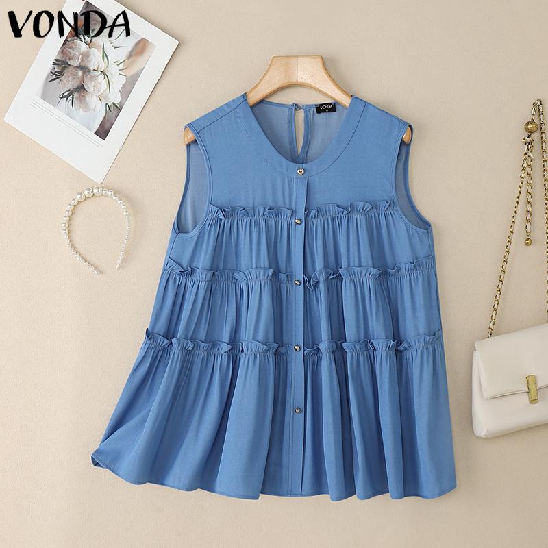 VONDA Women Casual Loose Sleeveless Ruffled Tank Tops