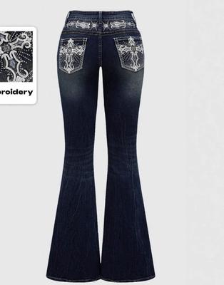 Dames Jeans met Hoge Taille Bootcut Slim Fit Medium Stretch Kruisborduurwerk Strass Donker Gewassen Denim Broek Western Herfst Flare Broek