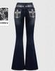 Damen Jeans mit mittlerer Leibhöhe Bootcut Slim Fit Mittlere Dehnbarkeit Kreuzstickerei Strasssteine Dunkel gewaschene Denim Hose Western Herbst Schlaghosen