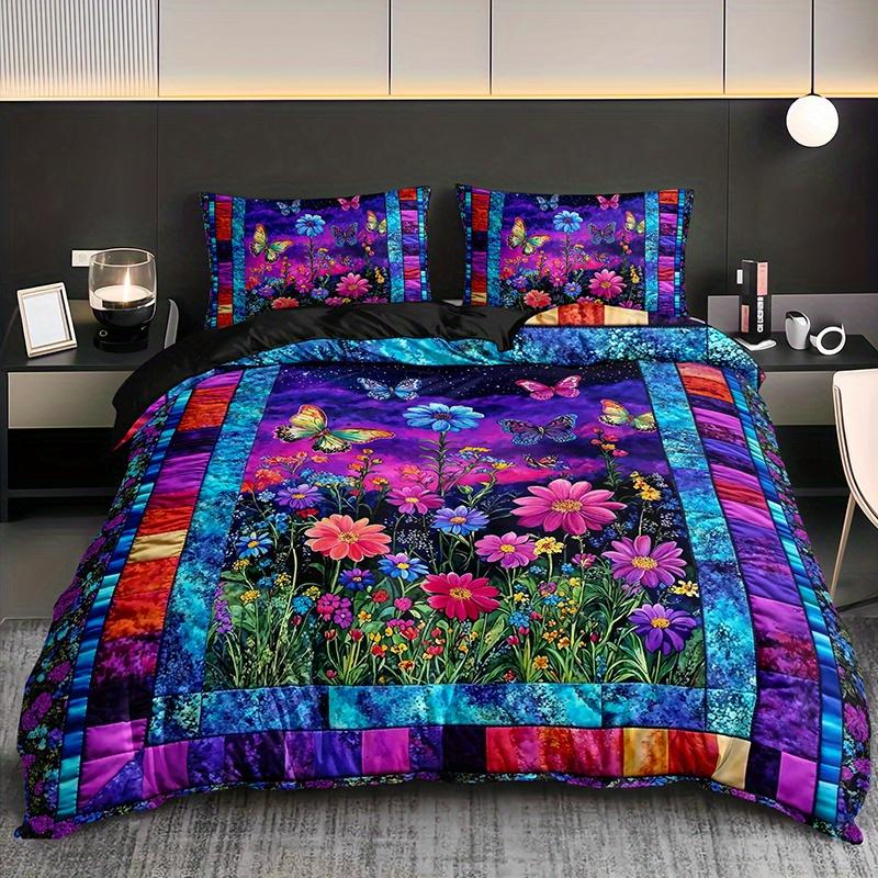 3pcs Butterfly Floral Bedding Duvet Cover Set Vibrant Garden Bedding Quilt Set Patchwork Themed Bed Quilt Set Night Garden