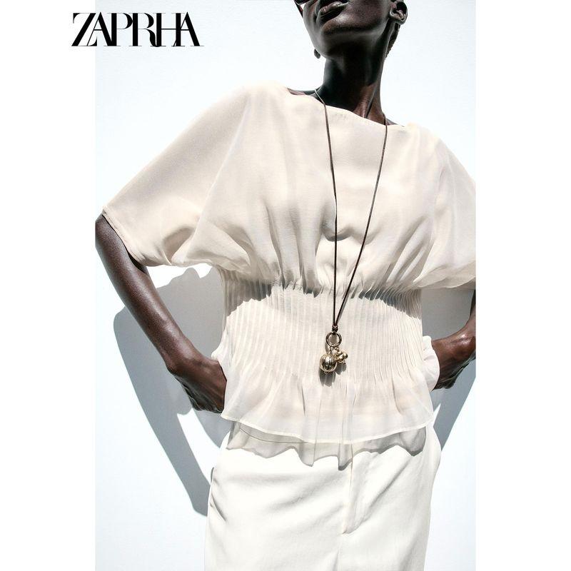 Zaprha 2025 Summer New Organza Patchwork Pleat Decoration Boat Neck Sleeveless Knitted Top 2142064