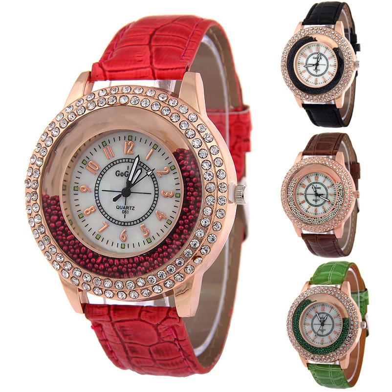 Fashionable Women's Quartz Watch With Rhinestones And Faux Leather Strap