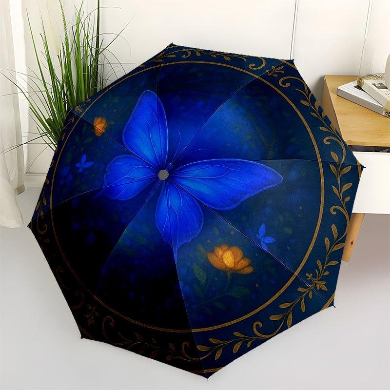 Blue Butterfly Garden Round Rug - Elegant Floral Design for Your Home Decor Umbrella, Portable 3-Fold Compact Umbrella for Men & Women R132