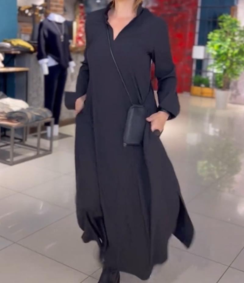 European and American Solid Color V-Neck Satin Long-Sleeve Pocket Dress