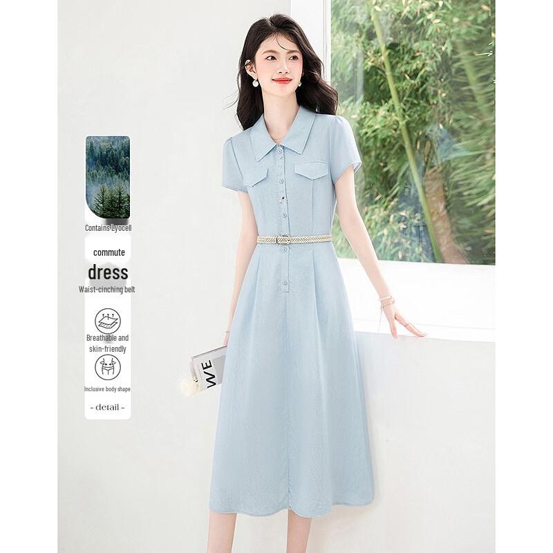 Elegant Short Sleeve Belted Midi Dress M