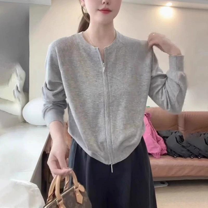 Early Autumn New Solid Color Casual Versatile Zipper Knitted Cardigan Women's Loose and Thin Round Neck Long-sleeved Sweater Jacket
