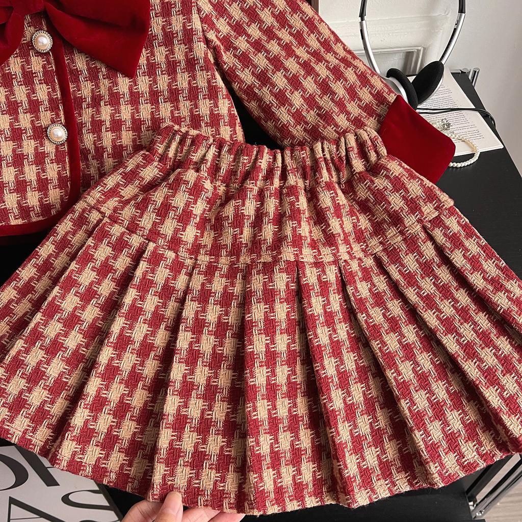 Winter Edition Girls Red Grid Bow Set Baby Cotton Two Piece Toddler Girl Clothes