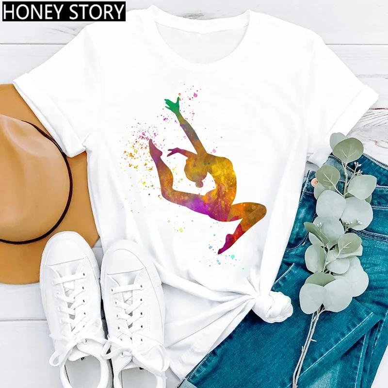 Gymnastik Ballerina Tänzerin T-Shirt Aquarell Gymnastik Ballett Tänzerin Druck T-Shirt Frauen Grafik T-Shirts Ästhetische Kleidung