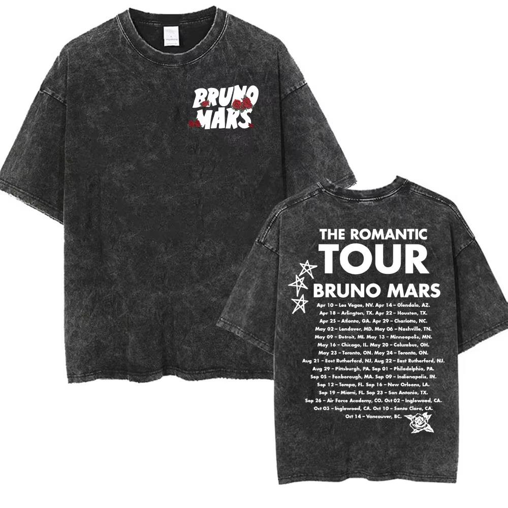 Bruno Mars The Romantic Tour 2026 Vintage Gewassen T-shirt Mannen Vrouwen Mode Hip Hop Pop Muziek T-shirt Zomer Casual Katoenen T-shirt