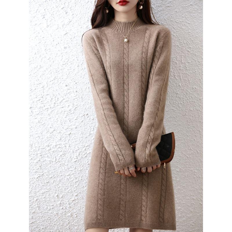 Autumn and winter thickened twisted flower medium and long sweater skirt loose and thin bottoming skirt women's semi-turtleneck knitted dress women's