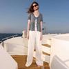 Women's Faux Two-Piece Plaid V-Neck Cotton Blouse