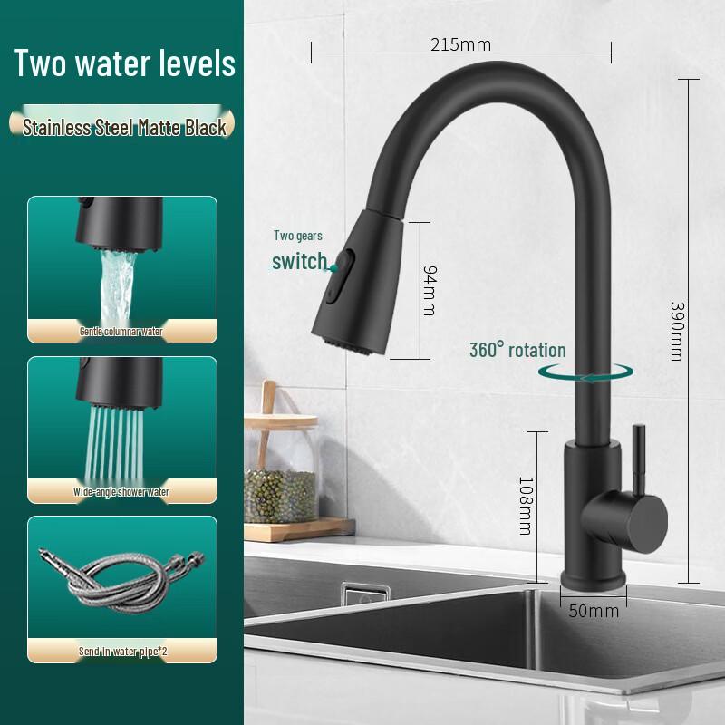 TLXT Black Stainless Steel Wall-Mounted Pull-Out Kitchen Faucet