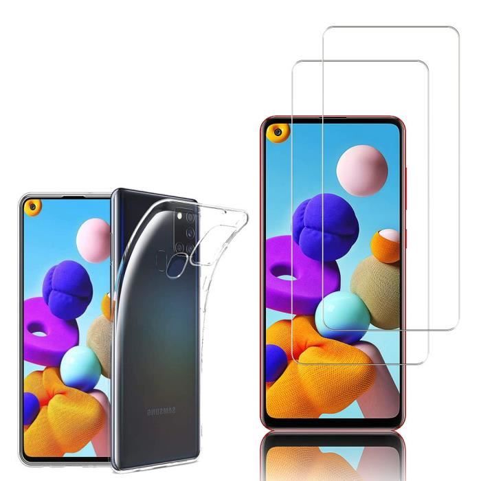 Coque silicone gel UltraSlim - Samsung - Galaxy A21S - Transparent - 2x Films Verre Trempé - Protection écran
