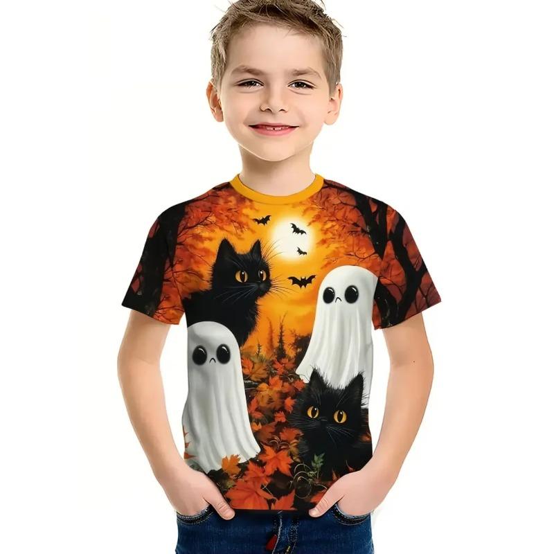 Round Neck 3D Pumpkin Animal Printed T-shirts Short Sleeved Children's Boy T-shirts - Soft Medium Stretch Polyester Fabric Summer Relaxed Fit Clothing