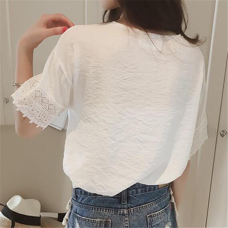 2023 Summer Women's Loose White Chiffon V-Neck Hollow Short Sleeve Top