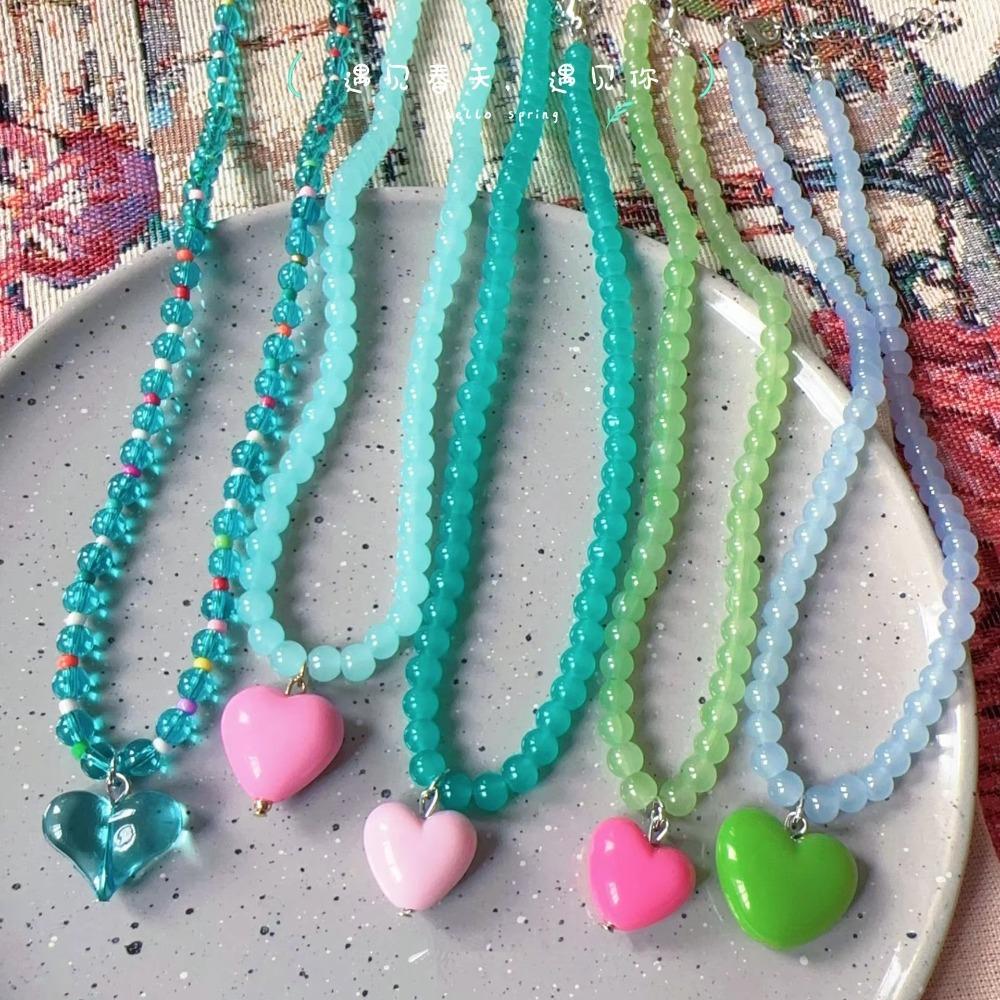 Candy Color Dopamine Heart Pendant Necklace Glass Beaded Beads Neck Chain Choker Necklace  For Girl