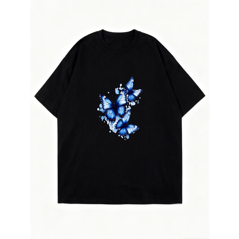 Oversized T Shirt Dress Black Blue Butterfly Print Casual Wear For Women Summer Outfit Fashion Statement Piece