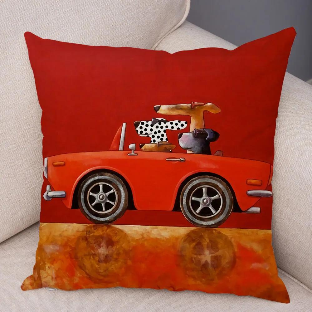 Colorful Cartoon Driving Bus Dog Cute Pet Print Cushion Cover for Home Living Room Sofa Car Decoration Pillowcase