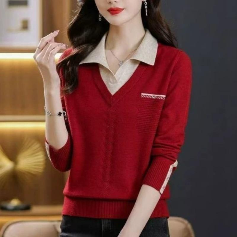 Knitted Sweater Autumn and Winter Fake Two Fashion Sweater Women's Lapel Autumn and Winter New Loose Knitted Bottoming Top
