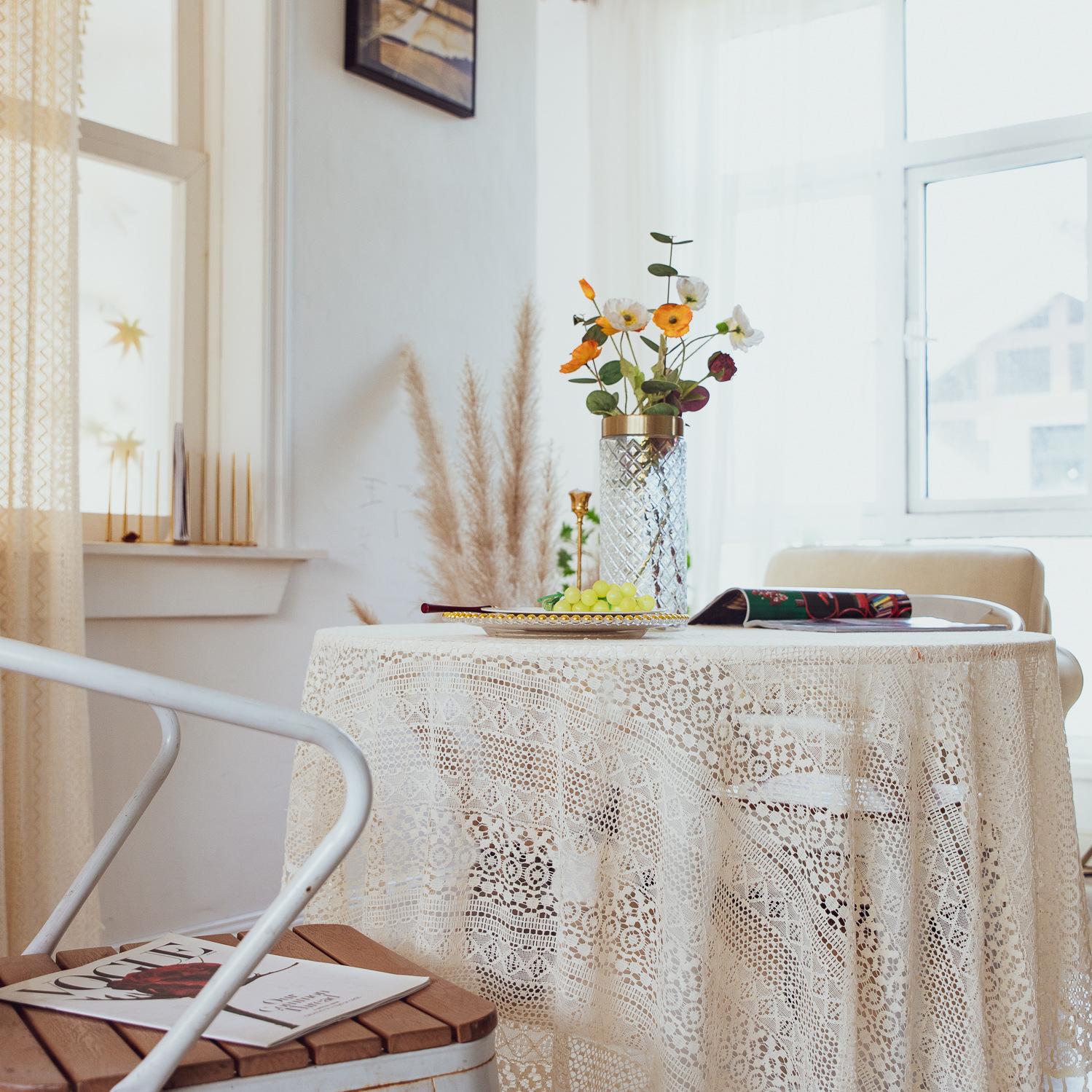 

Vintage Crochet Tablecloths With Tassels, Beige Lace Doilies Round Cotton Table Cover Washable For Wedding Home Party Decoration Diameter 90cm бежевий