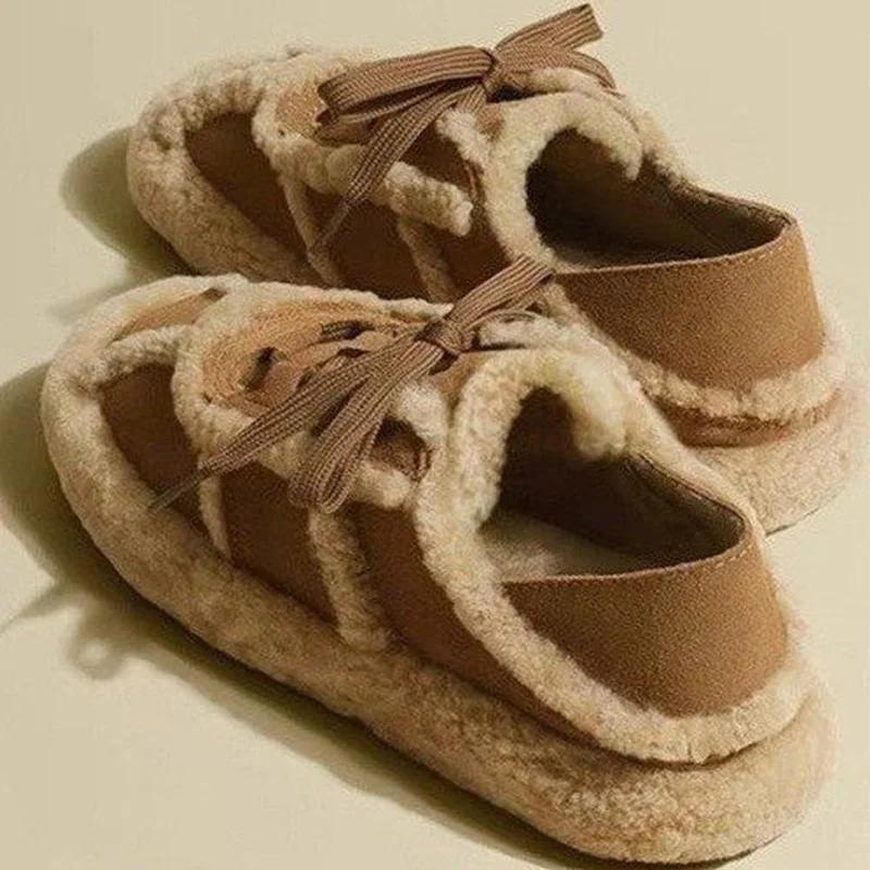 Fashion Artificial Fur Flat Shoes Women 2024 New Winter Lace Up Casual Warmth Shoes Versatile Bean Shoes Velvet Snow Boots Retro Style