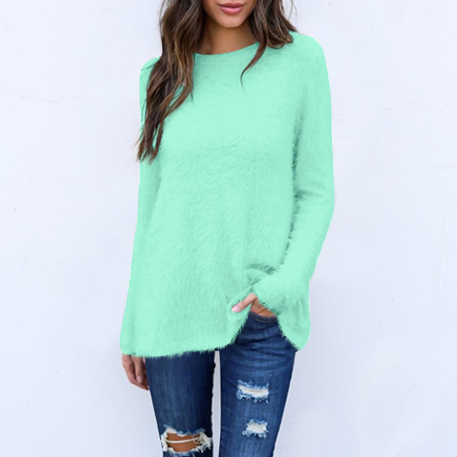 

Women s Fashion Casual Long Sleeve Sweater Loose Round Neck Front Short Back Long Top L зелёный