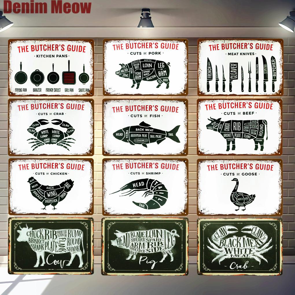 BUTCHERS GUIDE Vintage Metal Signs Cut Beef Cow Chicken Pork Duck Poster Kitchen Decorative Plates Plaque Wall Stickers N