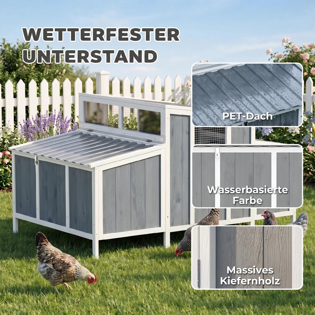 Hühnerstall Holz Hühnerhaus mit abschließbarer Tür Legenest Wasserdichtes PET-Dach für 3-4 Hühner, 145x90x92 cm Grau
