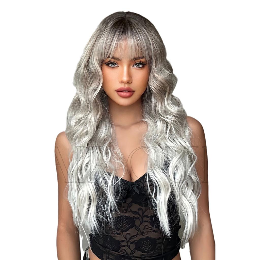 New Natural Style Domestic Brand Brown Gradient Platinum Bangs Middle Part Wavy Long Curly Wig 26inch
