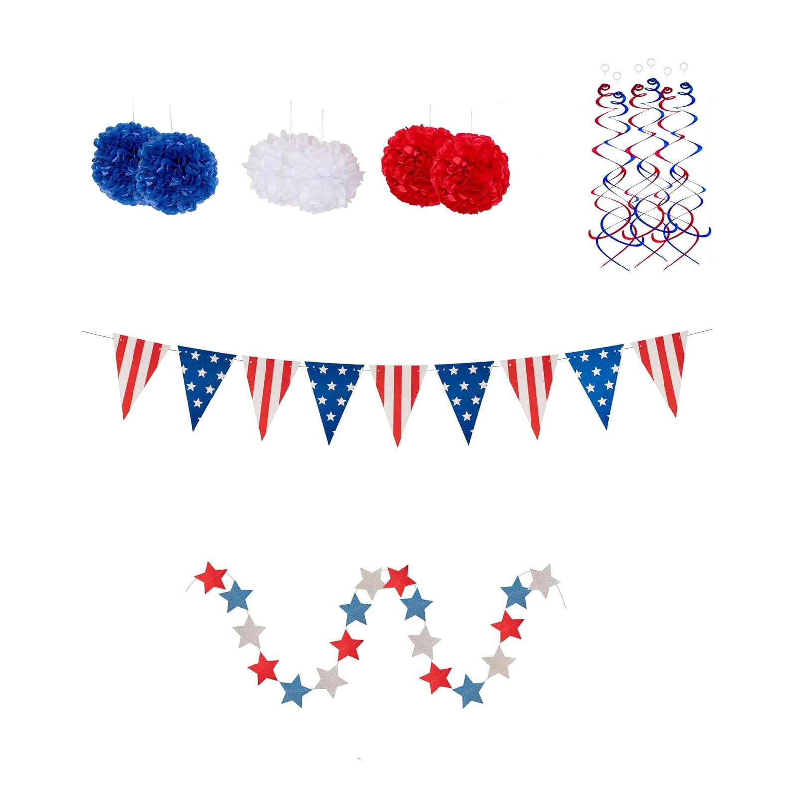 

29PCS 4th/Fourth Of Patriotic Decorations Set - Red Blue Paper Fans,USA Flag Pennant,Star Streamer,Pom Poms,Hanging Swirls Party Decor Supplies One Size