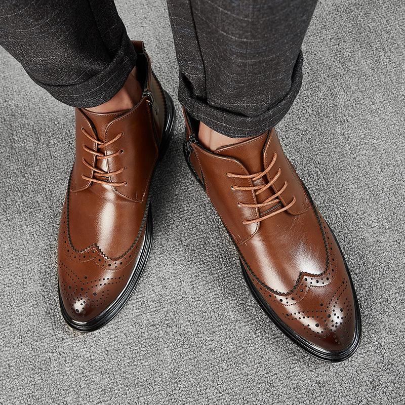 Men Black Ankle Boots Motorcycle Casual Brown Brogues Waterproof Men’s Street Style Boots Wingtip Dress Formal Leather Boots