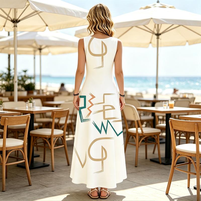Women's Sleeveless Maxi Dress,Minimalist Geometric Pattern,Loose Fit Comfy Fabric For Beach Vacation,Daily Commute,Date & Casual Shopping