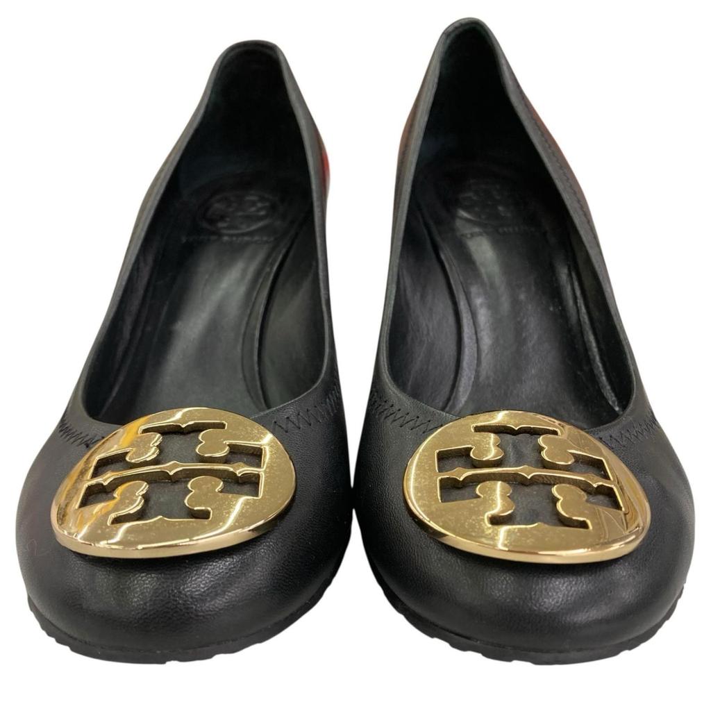 Used 186005 As-is Item Tory Burch Pumps 24cm Black Double T Logo Leather Equivalent To 24.0cm for Women