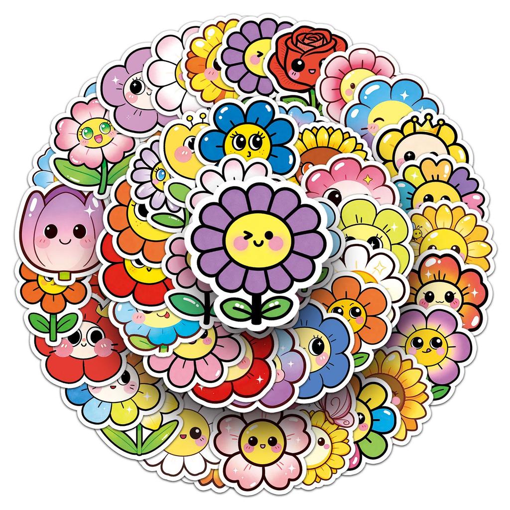 50 Cute Smiley Flower Stickers – Childlike Q Version for Journals, Water Bottles, Cars, and Helmets